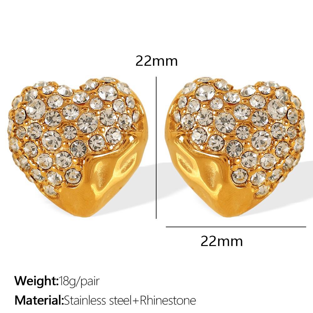 INS Style 18K Gold-Plated Stainless Steel Earrings with Full Diamond and White Pearl Heart-Shaped Design