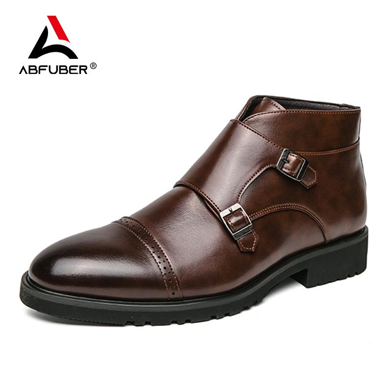 Luxury Leather Men Boots Double Buckle Slip On Pointed Toes Casual Leather Boots Men Comfortable High Top Boots Party Mes Shoes