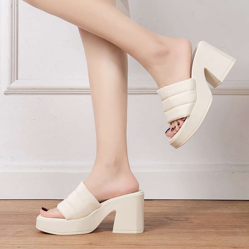 2025 Summer New Women's High-heeled Waterproof Table Thick-soled Thick-heeled Cool Slippers Women's Ins Trendy Outer Wear One-word Slippers