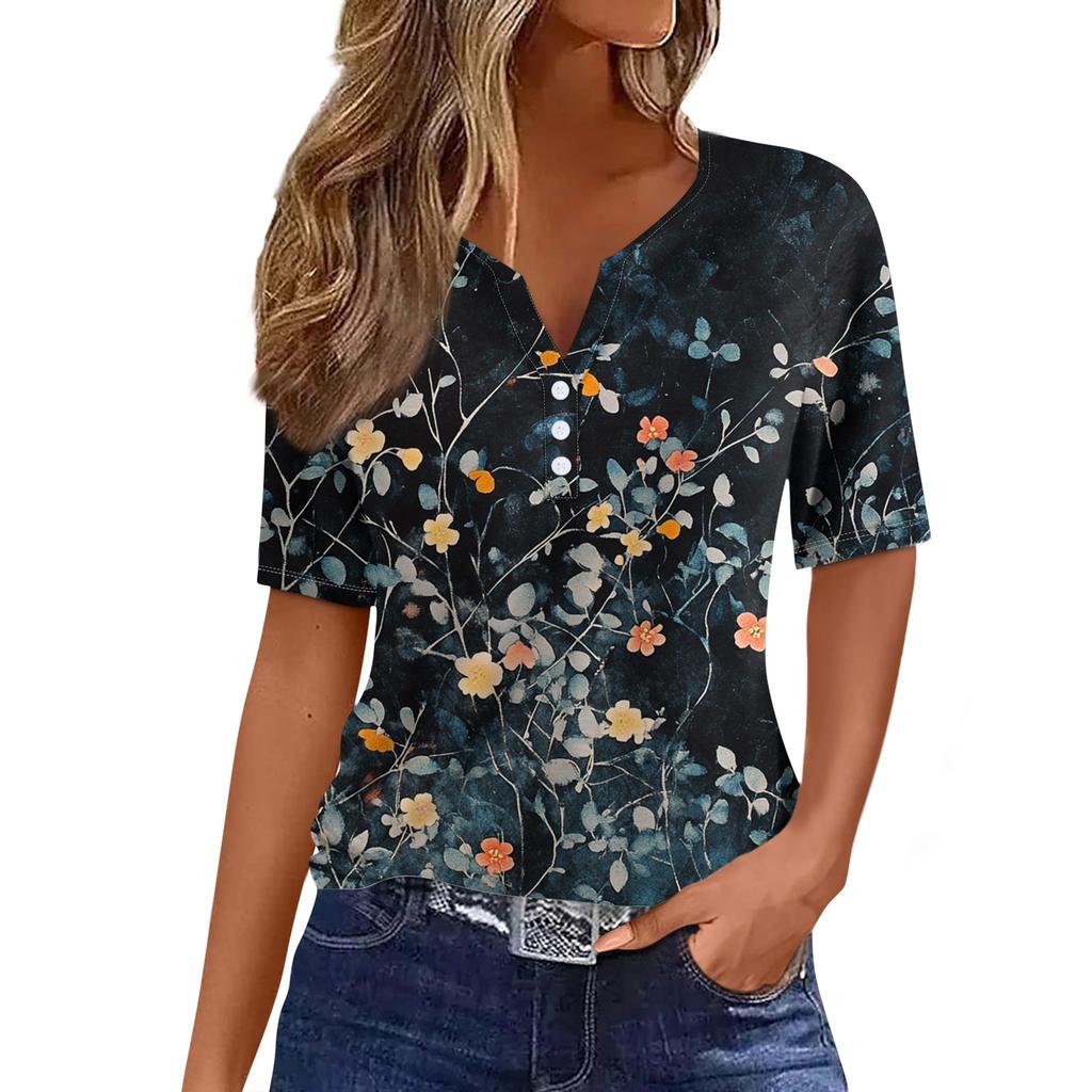Women's T Shirt Tee Print Button Short Sleeve Daily Weekend Fashion Basic V- Neck Regular Top