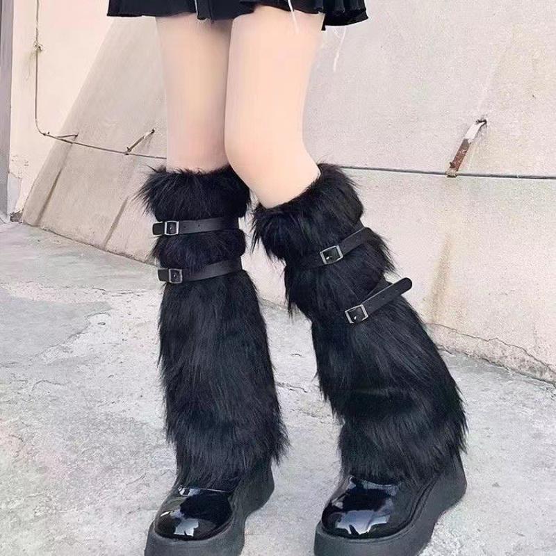 Flauschige Beinwärmer Damen Süße Lolita Leder-Schnalle Plüsch Beinabdeckungen Y2k Hottie Subkultur JK Lange Socken Punk Gothic Fußabdeckungen