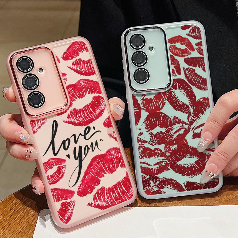 Carcasă de telefon transparentă subțire cu model de buze roșii pentru Samsung S25 Ultra S24 FE S23 Plus A56 A36 A16 A55 A15, folie de protecție pentru lentilă, rezistentă la șocuri, silicon moale, capac
