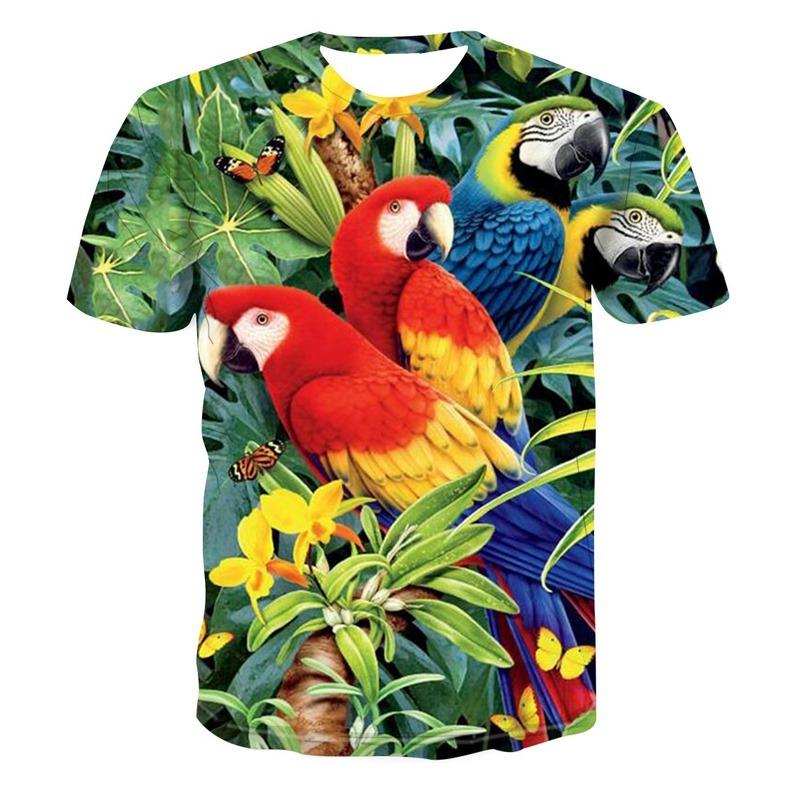 Beautiful Parrot Print Summer Short Sleeve Shirt Men's Children's T-shirt Fashion 3d Bird Pattern Round Neck Top Street Clothing