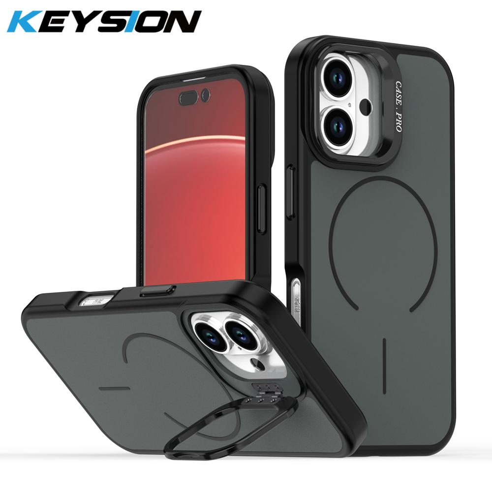 KEYSION Matte Skin Feel Lens Stand Phone Case for Magsafe for iPhone 16 Pro Max 16 Plus Magnetic Wireless Charging Shockproof Cover