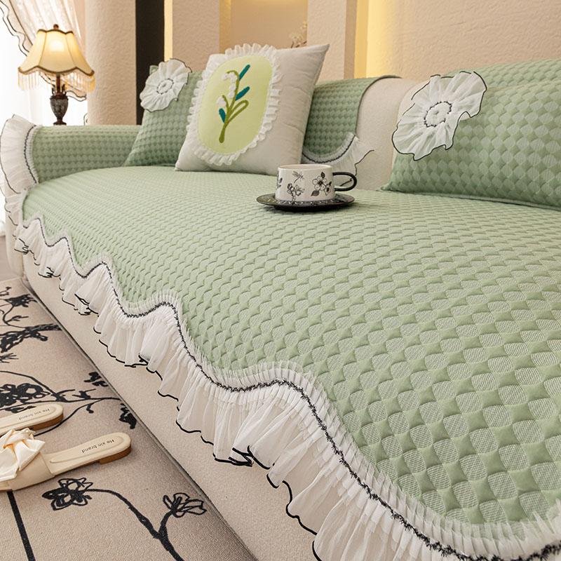 French New Cool Ice Silk All Season Anti-Slip Creamy Aesthetic Irregular Lacework Sofa Cushion Cover With Non-Slip Bottom