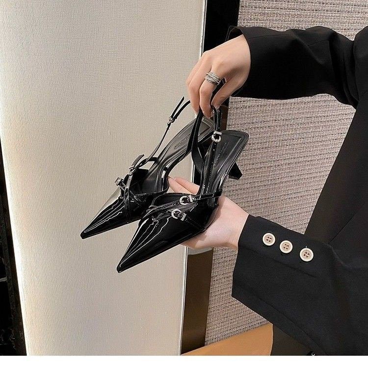Women's pointed black high heels niche bag head sandals women's French kitten heel empty single shoes summer new