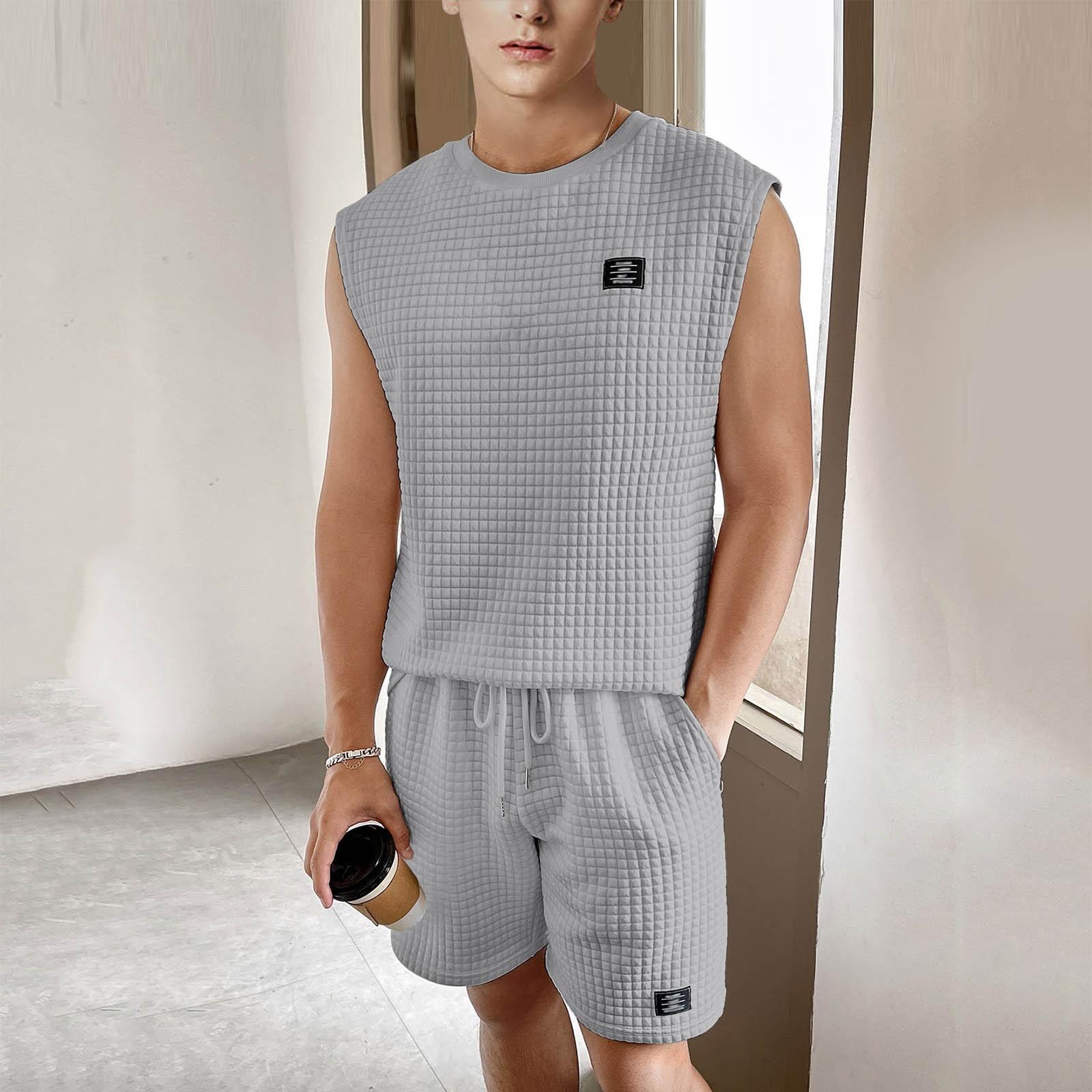 

Мужской спортивный костюм, летний повседневный костюм, мужской жилет без рукавов, шорты, комплект из двух предметов M светло-серый