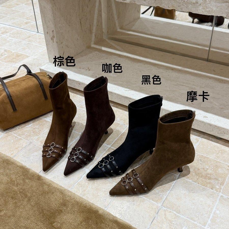 Pointed thin heel short boots women's suede rivets decorative temperament thin thin boots autumn and winter women's boots