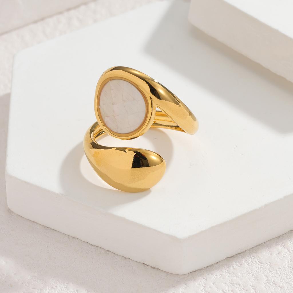 Stainless Steel Vintage Irregular Geometric Rings for Women Statement Retro Inlaid Shell Adjustable Open Ring Daily Jewelry Gift