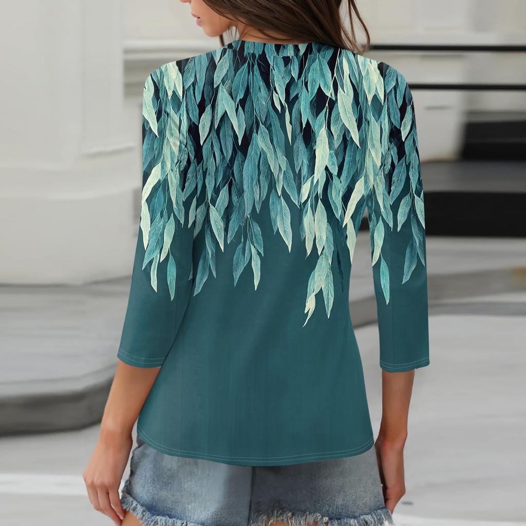 3/4 Length Sleeve Women's Tops Print Vintage Fashion Casual Loose With V Neck Plus Size Shirts Tops