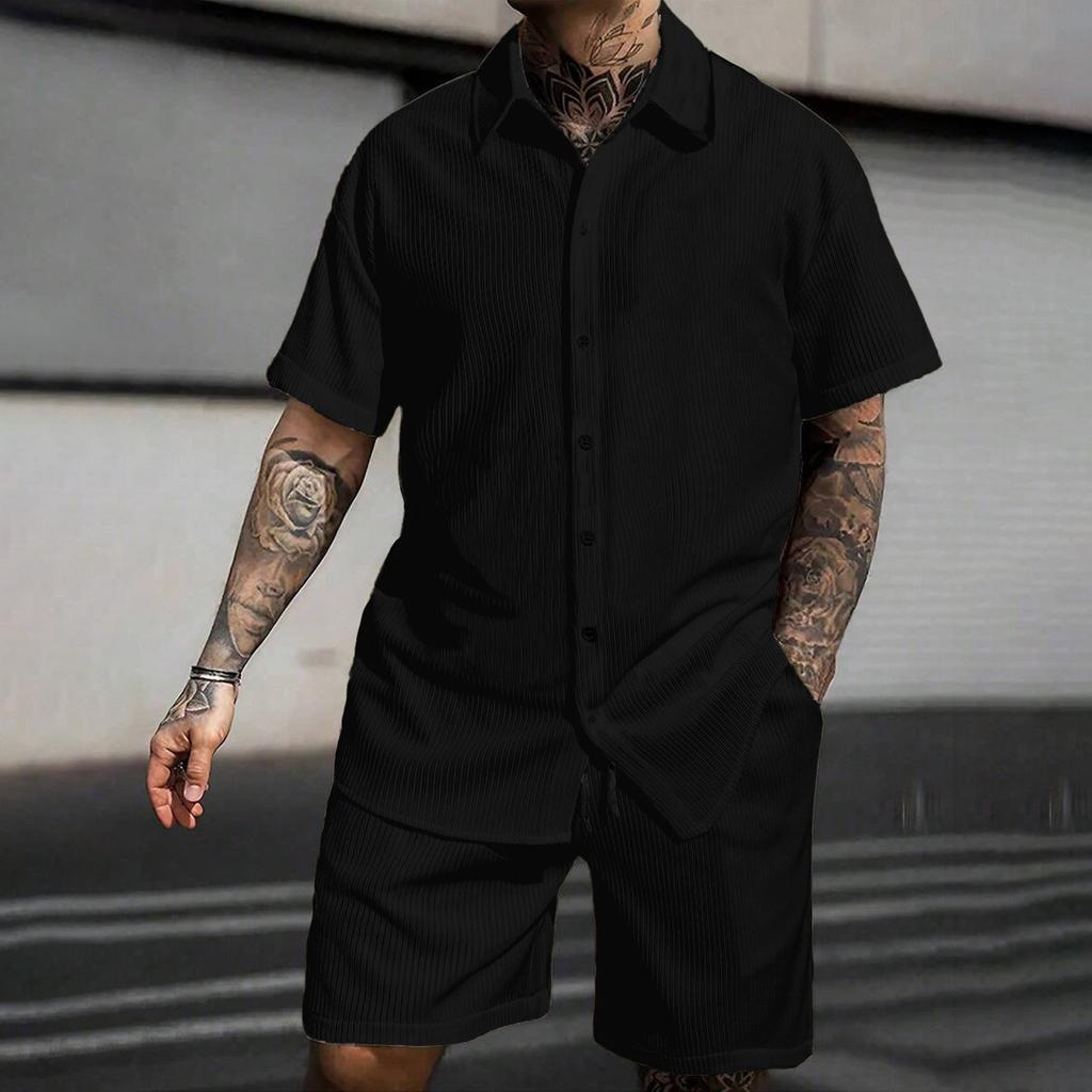 Men's Summer Solid Color Stripe Casual Fashion Loose Short-Sleeved Shorts Shirt Suit