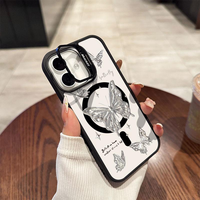 Silver Butterfly Acrylic Hard Shell For iPhone16 16pro 15ProMax 11 12 13pro 14Plus Multi Functional Lens Phone Holder Phone Case