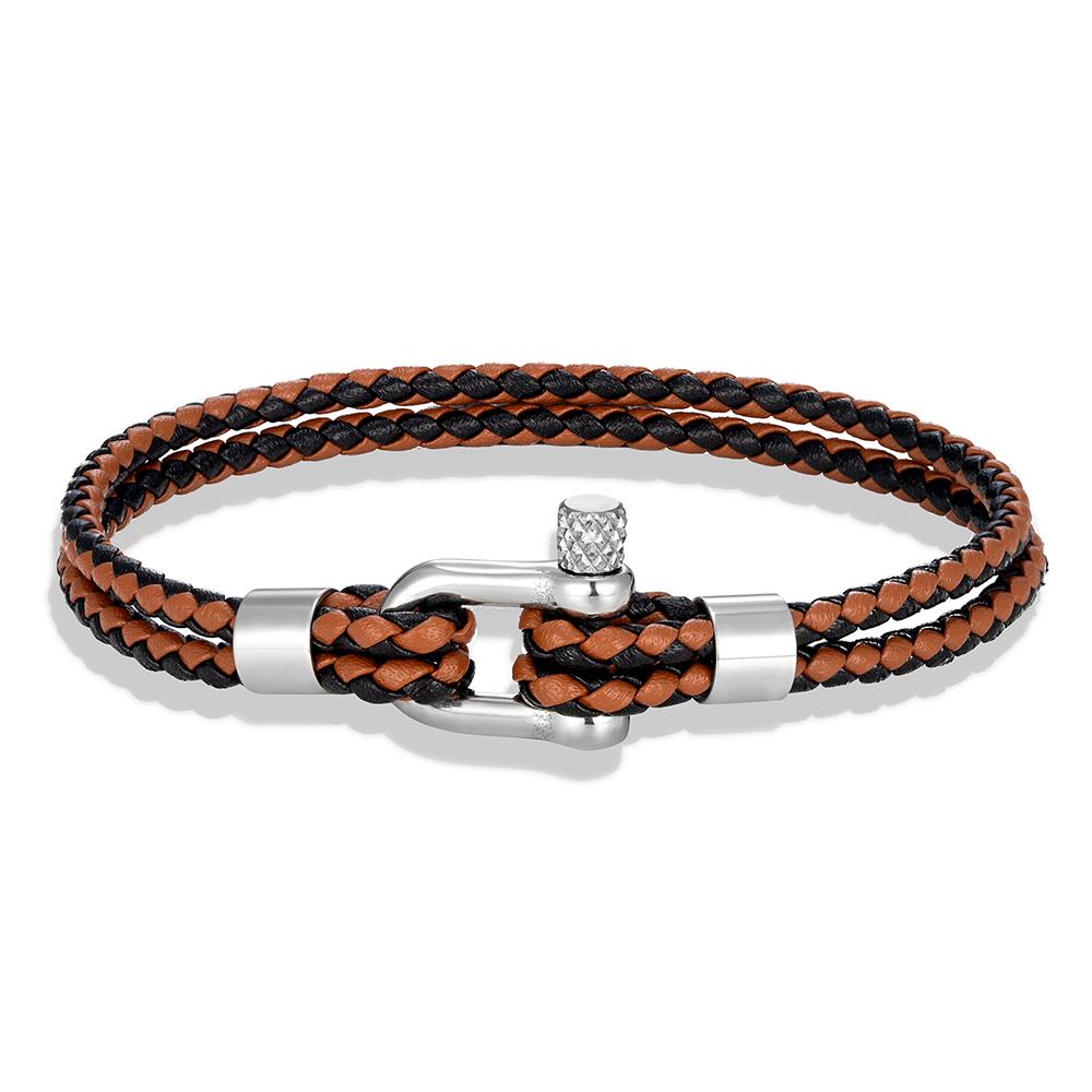 MKENDN Black Stainless Steel Shackle Bracelet Double Layer Blue Leather Handmade Nautical Jewelry for Men Women