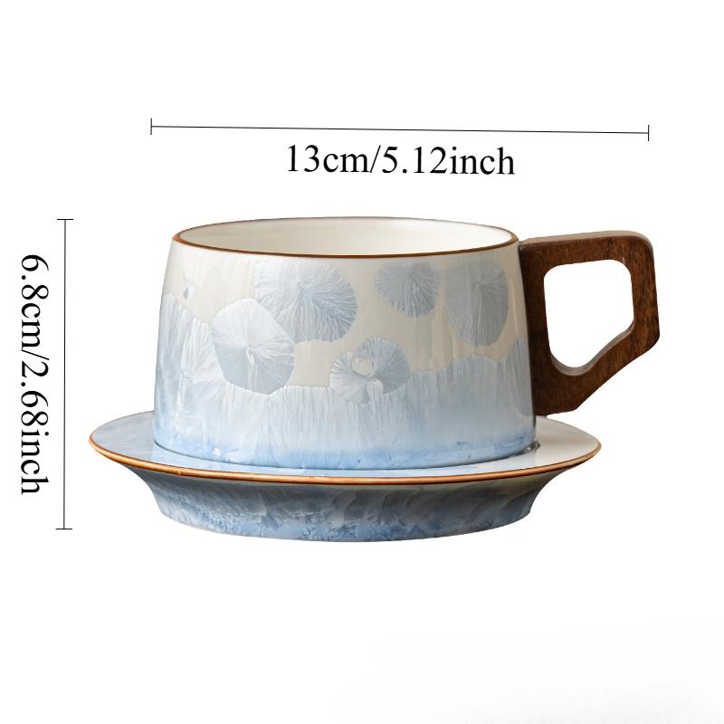 Chinese Style Wooden Handle Ceramic Mug with Dish Crystalline Glaze Coffee Cups Afternoon Tea Cup Set Household Drinkware