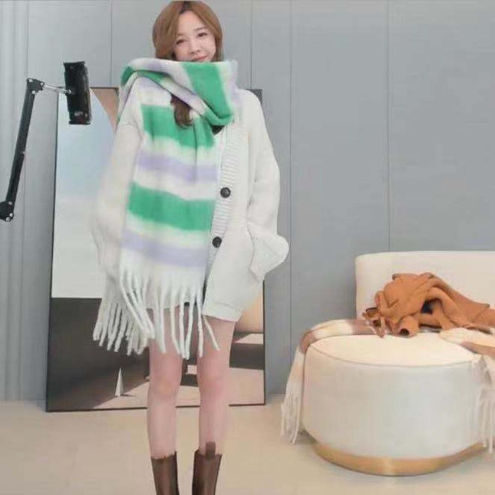 Female Korean Style Cashmere Scarf Long Tassel Gradient Tie Dye Scarf Rainbow Winter Plaid Shawl