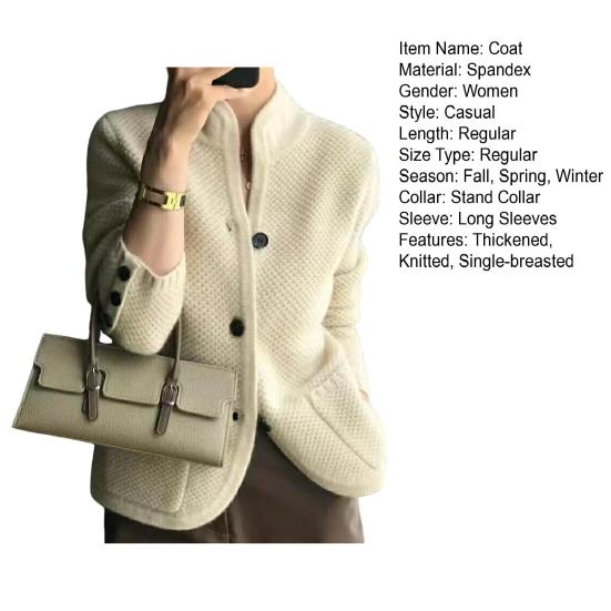 Lady Winter Coat Knitted Thickened Single-breasted Solid Color Pockets Stand Collar Warm Button Decor Cardigan Daily Wear Outdoor Sweater Jacket