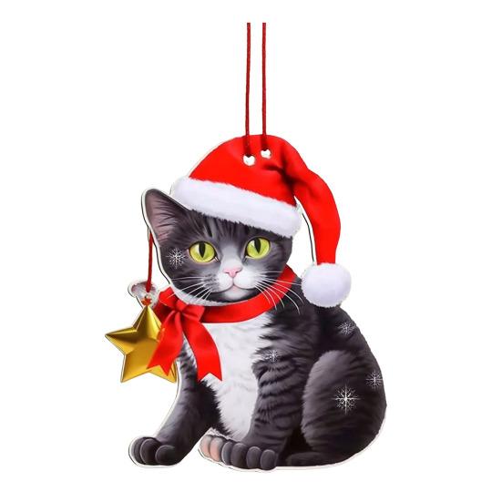Christmas Cat Ornament Cartoon Cat with Santa Hat Pendant 2D Flat Acrylic Christmas Tree