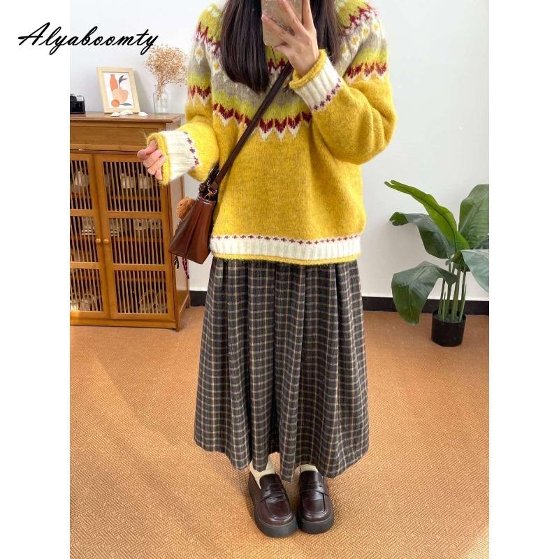 

Жіноча осінньо-зимова картата спідниця в стилі Морі Дівчина, спідниця на гумці, вінтажна, вовняна, щільна, тепла, ретро, вовняна, міді, базова спідниця з кишенями One Size