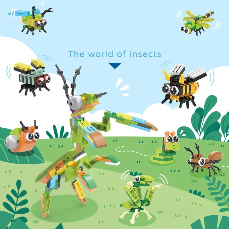 Non-Toxic 12-In-1 City Creativity Jungle Animals Zoo Insect Spider Dragonfly Ladybug Bee Model Building Blocks Bricks Collectible Toys