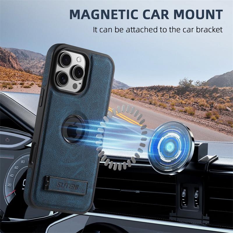 Luxury Magsafe PU Leather Phone Case For iPhone 12 13 14 15 16 Pro Max Plus 15Plus With Wireless Charging Stand Back Cover