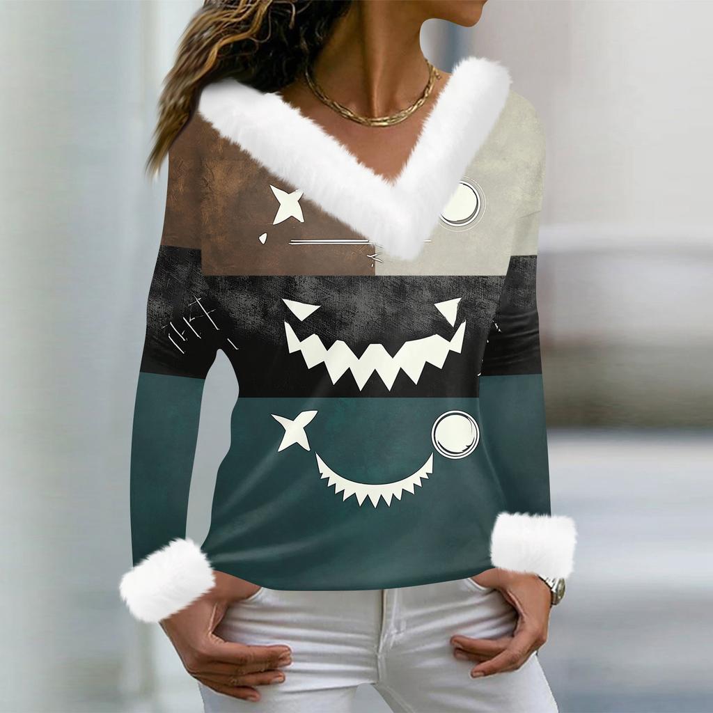 Women's Casual Long Sleeve V-Neck Halloween Print Top with Collar for Fall