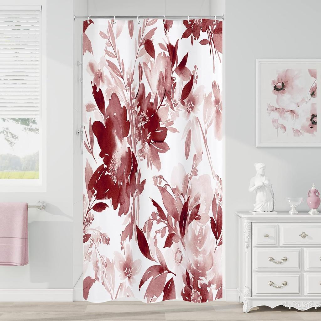 Blue Watercolor Floral Shower Curtain, Botanical Plant Leaves Design, Waterproof Fabric Set With Hooks