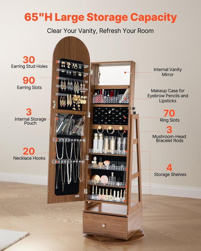 360° drehbarer Schmuckschrank, 1655 mm hoch, Ganzkörperspiegel mit Stauraum, Stehender drehbarer Schmuckschrank-Organizer, Abschließbar mit 2 Schlüsseln,
