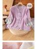 Women's Chinese Floral Embroidered Blouse: Loose Fit, Three-Quarter Sleeve, Contrast Color, Lapel-Style Tea Dress