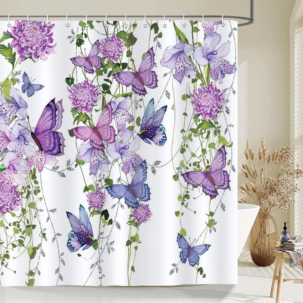 Aquarell Blätter Floral Duschvorhang 180Cm *180Cm Mit Haken, Wasserdichter Duschvorhang, Duschvorhänge Für Badezimmer