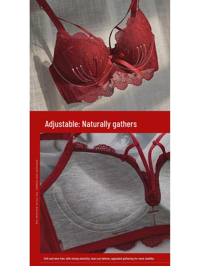 Women's Red Lace Bralette - French Style Gathered Design, Wireless, Anti-Sag
