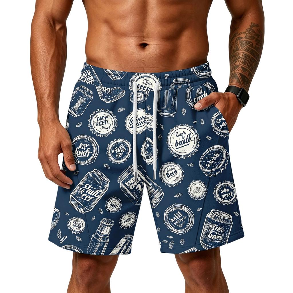 Men Layer Loose Fit Shorts with Pockets Sports Training Gym Beach Casual Shorts Printed Pattern Drawstring Waistband
