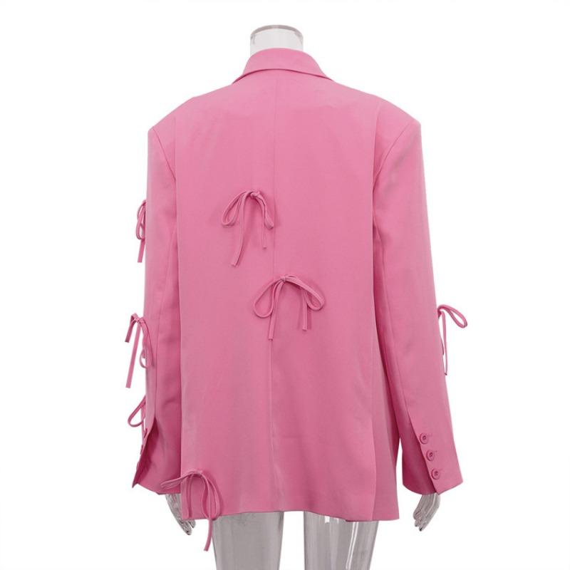Women Y2k Bow Casual Office Blazer Top Cute Notch Lapel Button Up Jacket Oversized Long Sleeve Coat