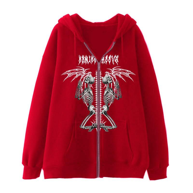 Gothic Skull Print Zip Up Hoodie Teenagers - Loose Fit Casual Sweatshirt