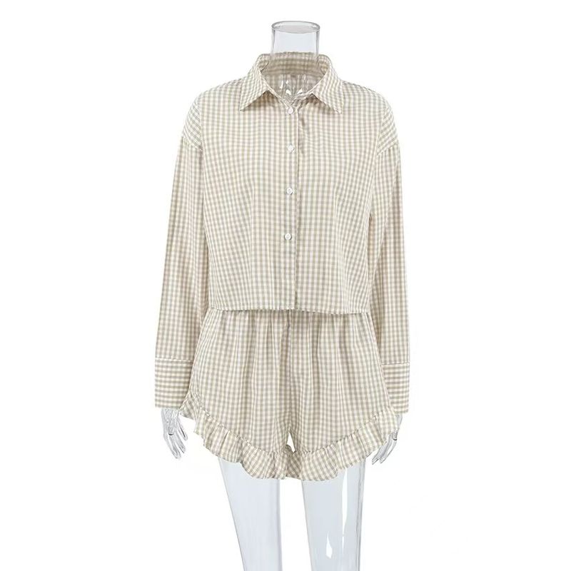 

Fashion Style Pattern Long Sleeves Tops Ruffles Shorts Suit Checked Top and Shorts Set Plaid S
