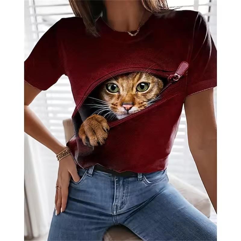 Women's T-shirt 3D Printed Casual Short Sleeved Cute Kitten Pattern Print O-Neck Top Fashionable Street Women's Clothing