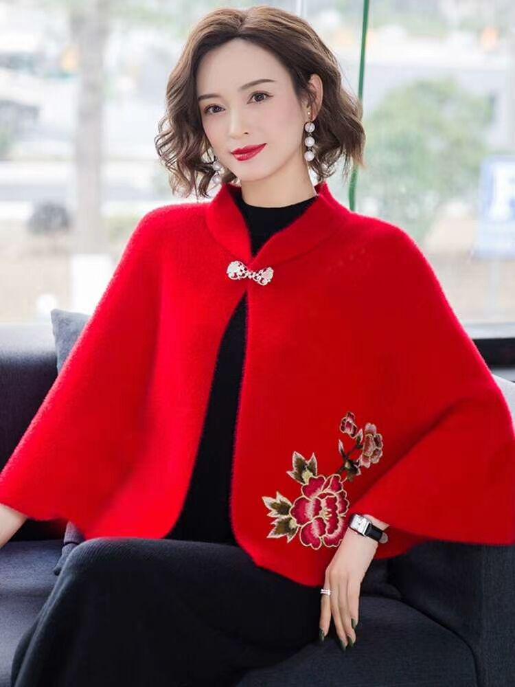 2024 Winter Elegant Loose Batwing Cloak: Fashionable Solid Color Short Shawl for Moms