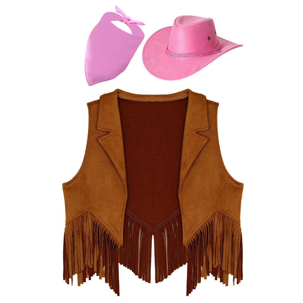 Kids Cowgirl Vest Suede Fringe Tassel Western Costume Set with Bandana Hat for Halloween Rodeo Role Play