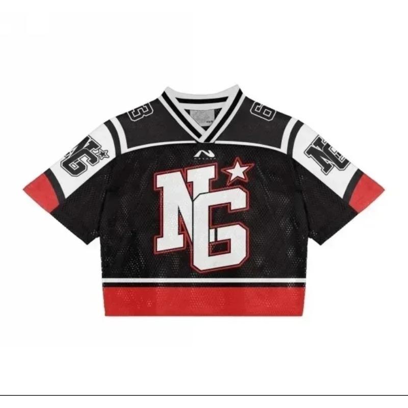 Tričko Americké Módní prodyšné prošívané volné fotbalové tričko Streetwear ležérní Prodyšný Unisex top s krátkým rukávem