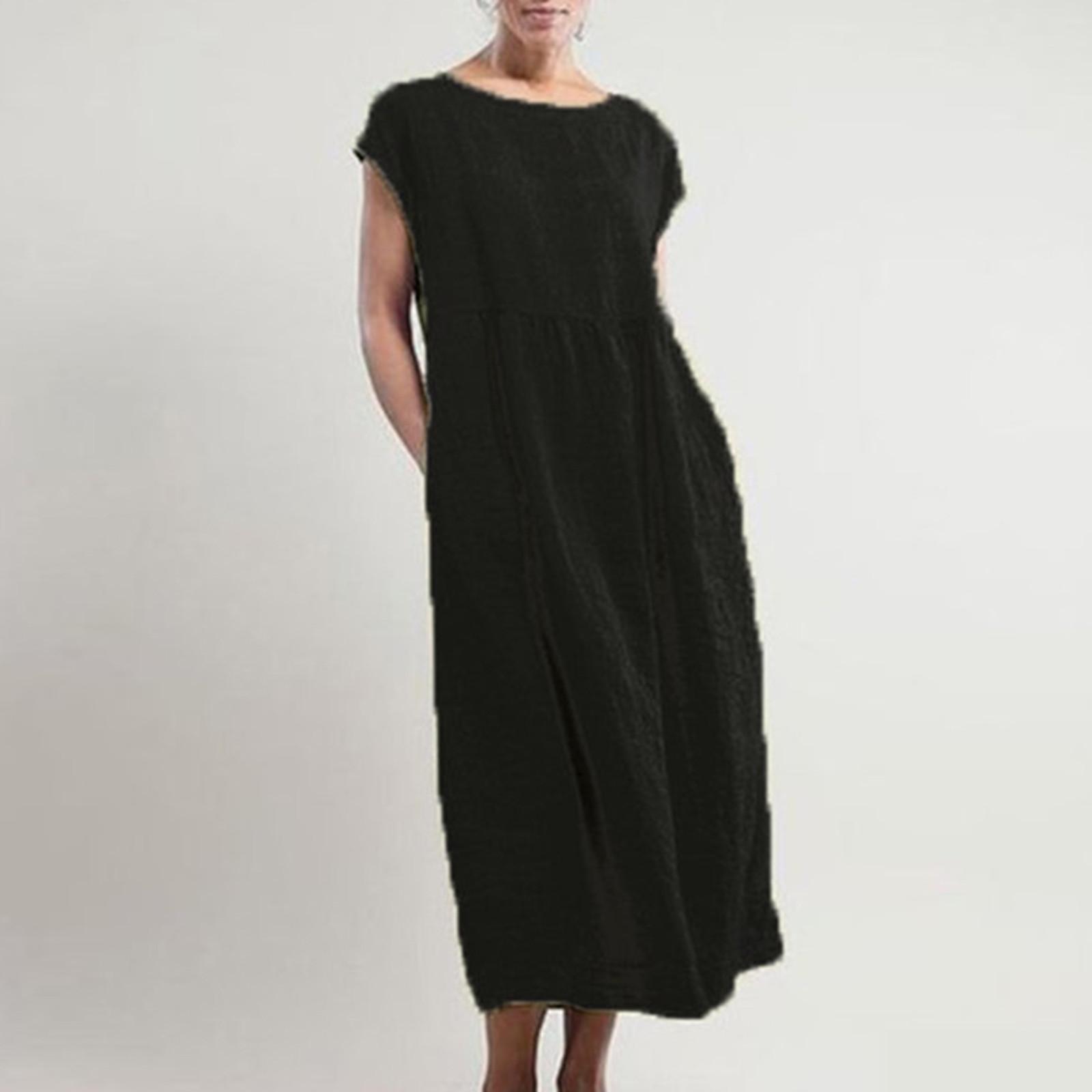 

Женское летнее повседневное однотонное хлопковое льняное платье без рукавов с круглым вырезом и карманами XL чёрный