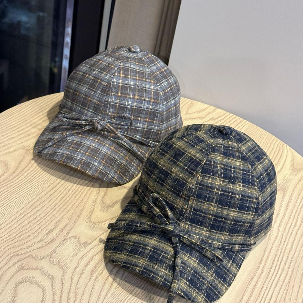 New Autumn and Winter All Match Striped Plaid Soft Top Woolen Baseball Hat for Women Cute Bow Tie Rope Peaked Hat Trendy