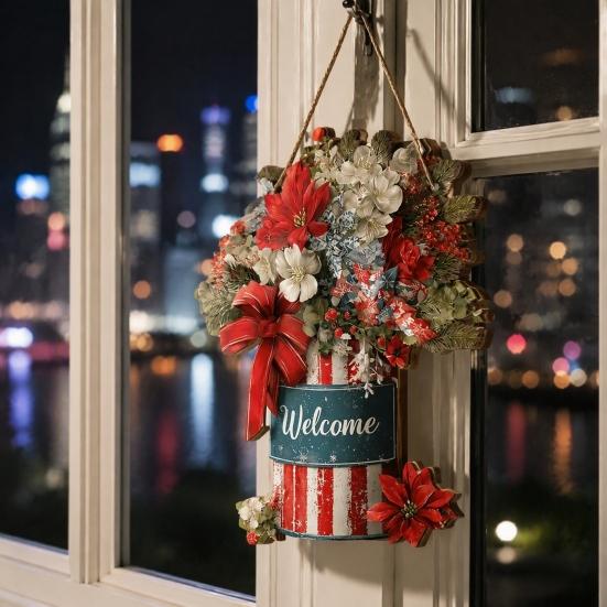 Rustic Wooden Holiday Wall Decor Christmas Welcome Sign for Front Door, Hanging Ornament, Festival Farmhouse Style Festive Door with Lanyard
