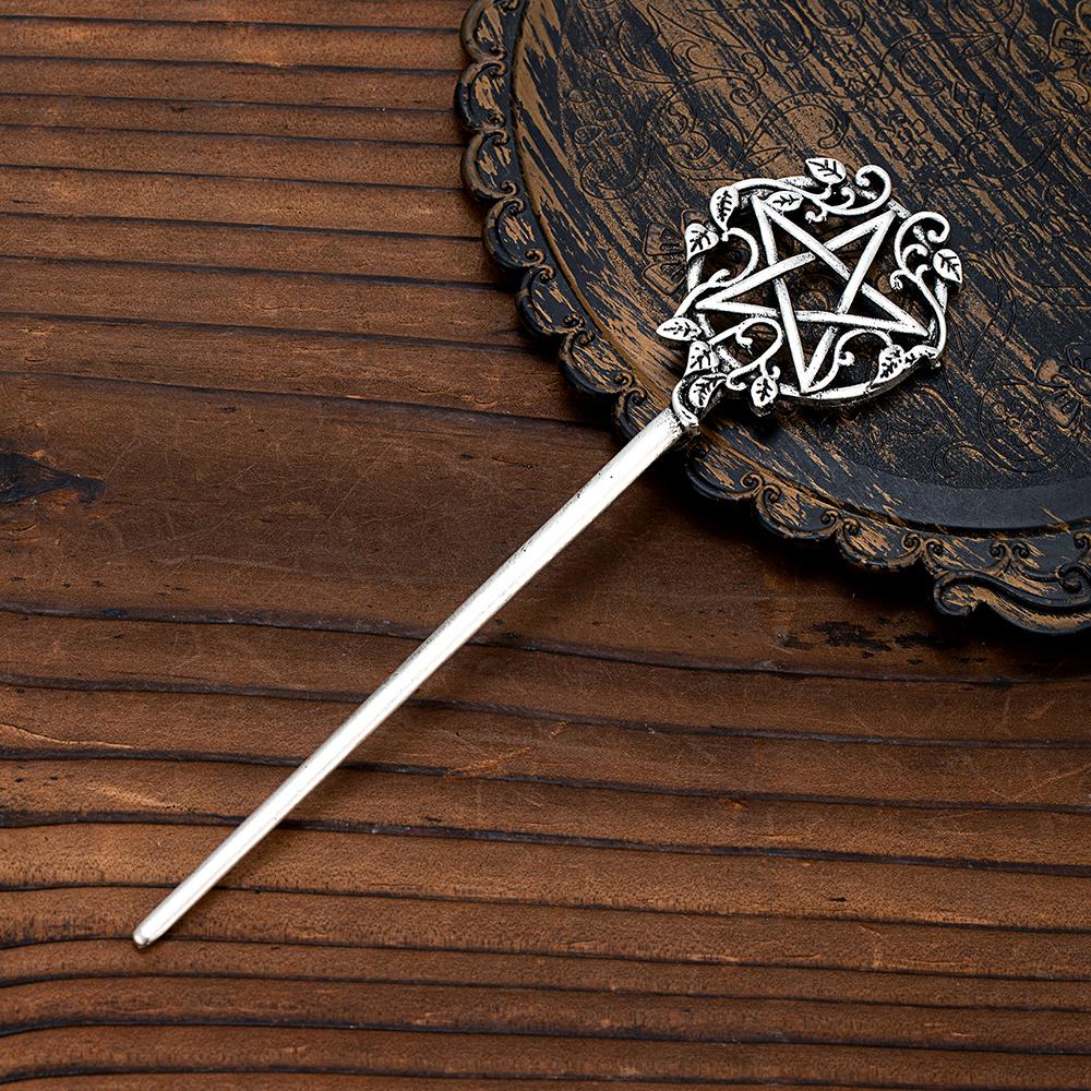 Retro Gothic Wicca Pentacle Hair Stick for Women Charm Witch Pentagram Hairpins Antique Silver Color Metal Headwear Jewelry Gift