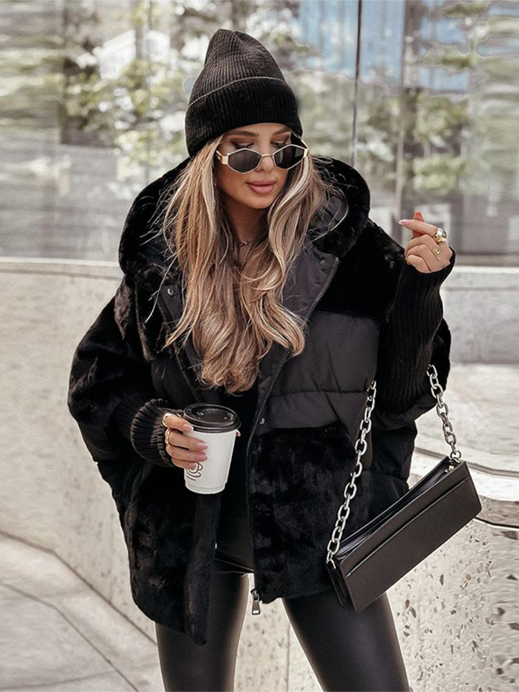 Women's Standing Collar Long Sleeved Zipper Thick Jacket Black Winter