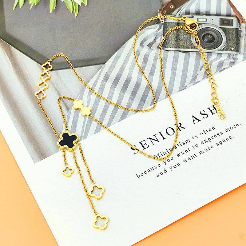 Titanstahl Vierblättriges Kleeblatt Anhänger Halskette mit Quasten Kette - Elegantes Hip-Hop Stil Accessoire für Damen
