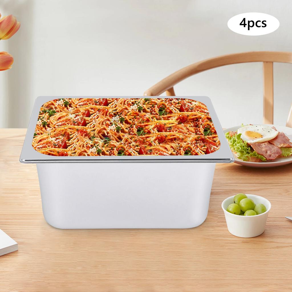 4pcs Stainless Steel Steam Hotel Pans for Buffet, Catering, 1/2 Size X 6" Deep, 7L Each Commercial Grade, Anti-Jam Design W/ Lid