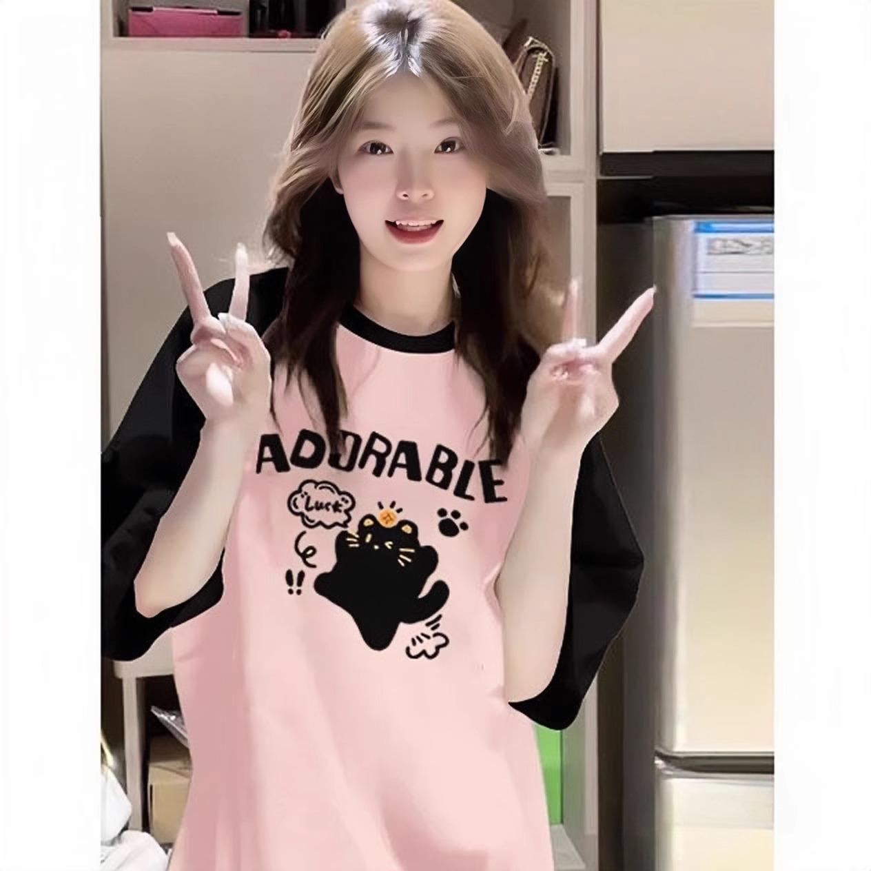 

летняя футболка из чистого хлопка для женщин с забавным принтом в виде мультфильма, в стиле Харадзюку, с круглым вырезом, свободного покроя, для молодых девушек, с цветными блоками, уличная одежда 2XL