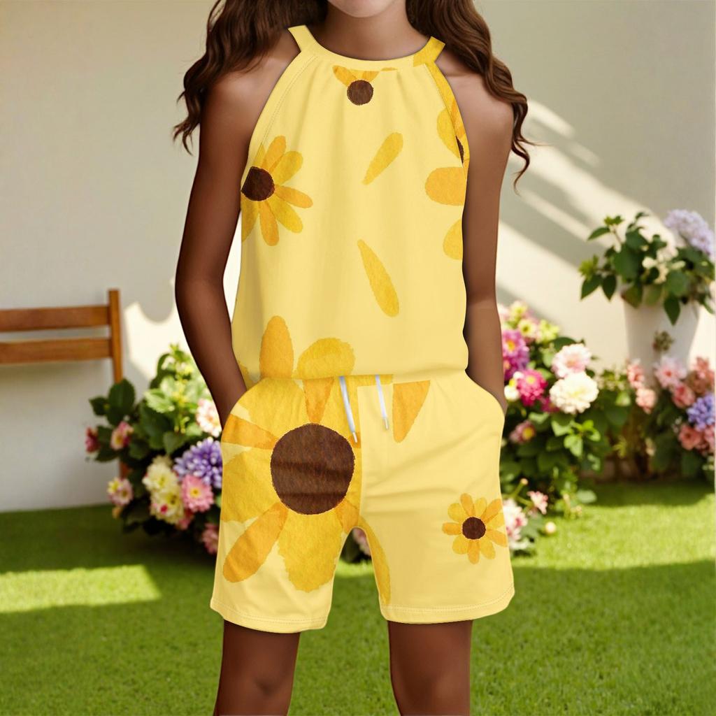 Children's Casual Fashion Round Neck Sleeveless  Top Shorts Set