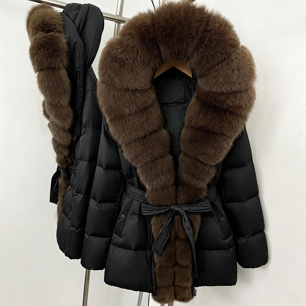 Winter lace-up hooded loose thickened coat women's retro versatile temperament real fox fur collar duck down jacket