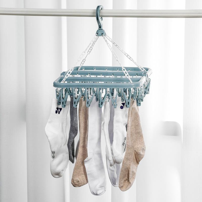 Clothes Drying Hanger with 32 Clips / 8 Socks Underwear Folding Laundry Hanging Rack