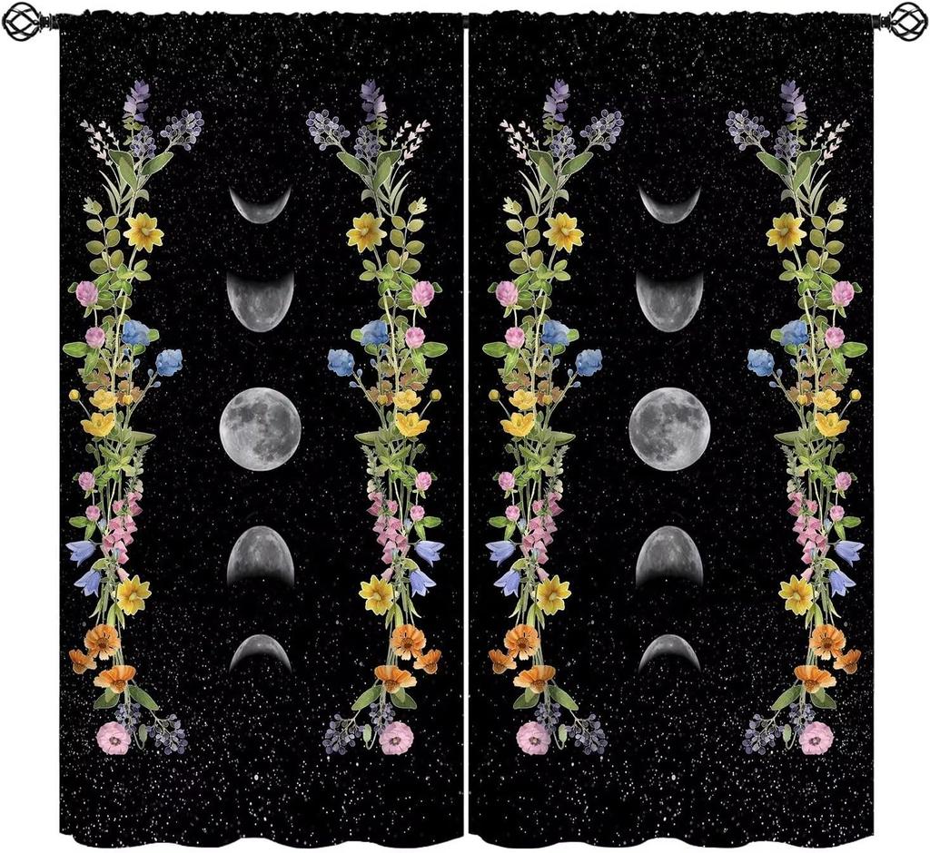Sun Moon Curtains Bohemian Celestial Art Printed Blackout Window Drapes for Bedroom Living Room Kitchen Decor Fabric Set 2 Panel